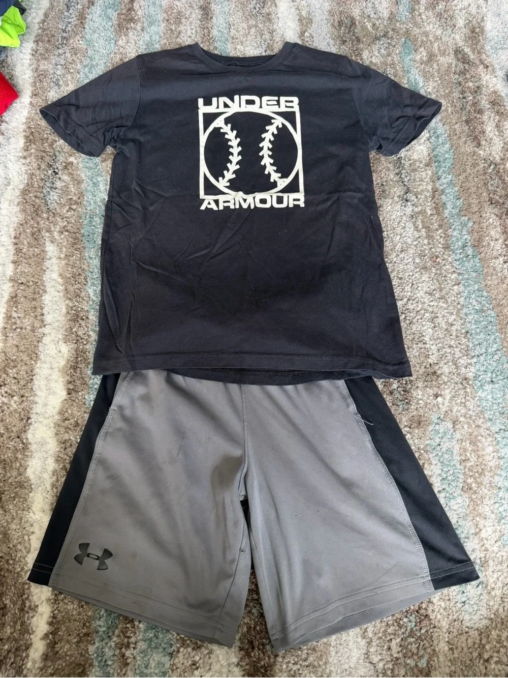 Under Armour Boys' Black Baseball Logo Tee size M & Gray Athletic Shorts size S